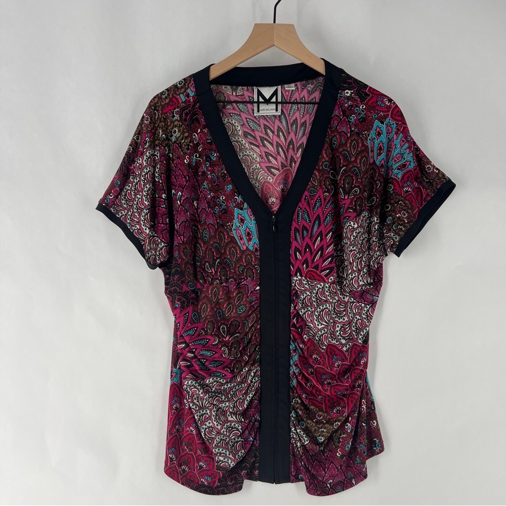 Marc Bouwer‎ Pink Blue Paisley Feather Patterned Zip Front Dolman V-Neck Blouse